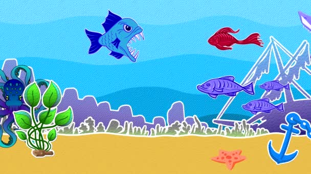 Fundo Mar Com Peixes Predadores Desenhados Com Imitação Estampagem Textura — Vídeo de Stock