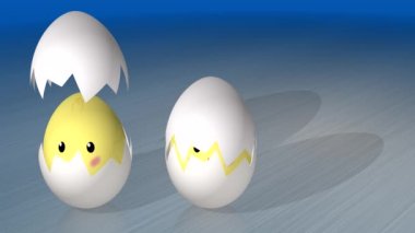 İçinde tavuklar olan Paskalya yumurtaları yukarıdan düşüp açılıp kapanarak içeriğini gösterir. 3B programından şifrelenmiş yüksek kalite 4K döngülü video.