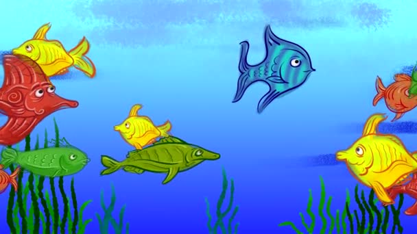 Рисовал Рыбу Детском Стиле Волнообразного Плавания Фоне Синего Моря Водорослей — стоковое видео