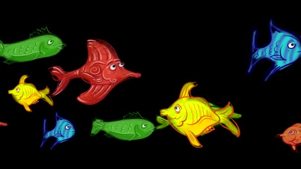 在黑色背景上画上儿童风格的波浪形游泳鱼 并配上一层额外的亮度面罩 而不是视频编辑过程中剪掉背景的阿尔法通道 — 图库视频影像
