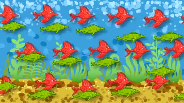 描かれた魚は 石や植物で色付きの底を背景に 波状の曲線を描く群れの中を水平に泳ぐ 海の動物のフラットアニメーション オフショア棚 — ストック動画