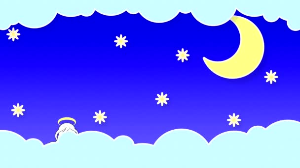 一个长着翅膀和光晕的天使 带着月亮和星星 从云中升起 与蓝天相映成趣 循环动画 重复无缝 — 图库视频影像