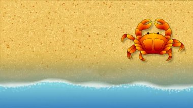 Kırmızı yengeç kumlu sahil boyunca koşar, durur ve pençelerini sallar. Çizilmiş ögelerin düz bir şekilde canlandırılması.