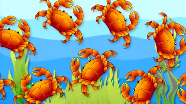 Red Crabs Swim Horizontally Rotating Moving Claws Paws Background Blue — Stock Video