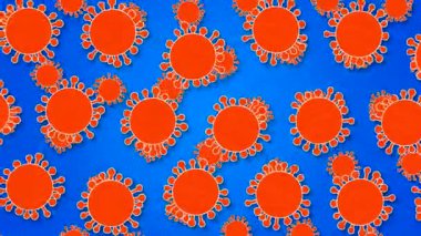 Mavi arka planda kırmızı renkli hareket eden ve dönen virüslerle soyut animasyonlar. Kabartma ve beyaz kenarlı bir kağıt deseninin taklit edilmesi.