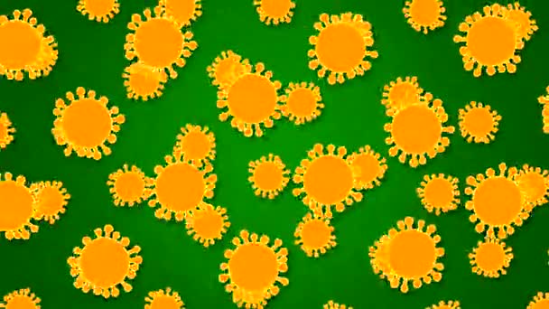Animation abstraite avec des virus orange peints en mouvement et rotation sur fond vert. Imitation d'un motif en papier avec gaufrage et marges blanches. Des éléments jettent une ombre à la surface .