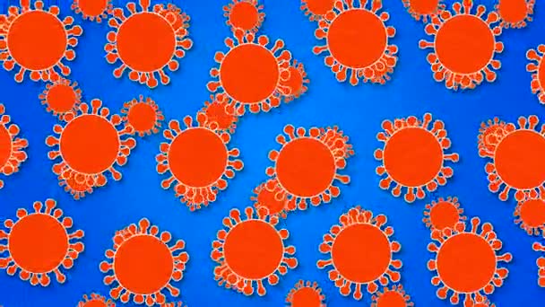 Animation abstraite avec des virus rouges peints en mouvement et rotation sur fond bleu. Imitation d'un motif en papier avec gaufrage et marges blanches .