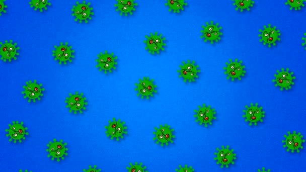 体の一部を動かす図の中のコロナウイルスの顔 文字で目と口でウイルスを描いた 青い背景に水平方向の動きを持つウイルスが描かれたアブストラクト映像 — ストック動画