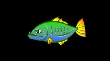 Hareket eden yüzgeçleri olan balıkların animasyon çizimi ve video düzenleme sırasında arkaplanı kesmek için parlak maske takan siyah beyaz alfa kanallı şeytani bir görüntü. Döngü videosu.