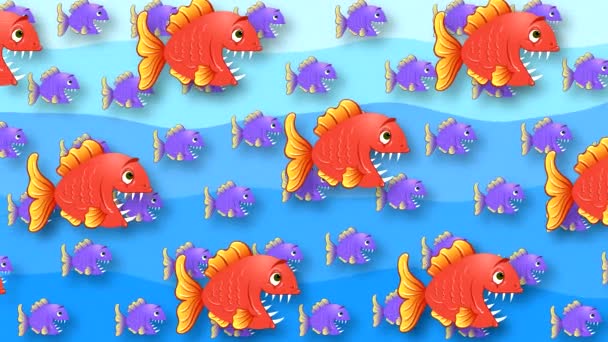 赤と紫の魚を描いたアニメーションを背景に 紙を模した青い波とシンプルなドローイングで水中に大きな歯で口を開き泳ぐ — ストック動画