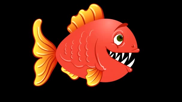 アルファチャンネルを持つ大きな口と歯を持つ赤い魚のアニメーション図面とビデオ編集中に背景をカットするための黒と白の明るさのマスク ループビデオ — ストック動画