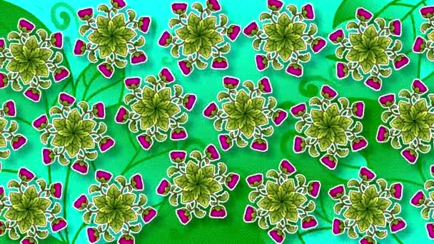 水平な動きで描かれた花の抽象アニメーションフラット背景 エンボス加工紙の模倣 表面に影のある対称的な配置の葉を持つ紫色の花 — ストック動画