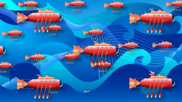 一群不同寻常的潜水艇在蓝浪的映衬下水平航行 船桨纵横在海洋深处 卡通片4K与神奇的技术手动操作与方向盘 — 图库视频影像