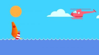 Bir helikopter denizin üzerinde uçuyor ve bir yelkenli geminin üzerinde süzülüyor ve bir şamandıranın üzerinden geçiyor. Deniz, güneş ve bulutların hareket ettiği düz bir video. 4. bölüm 5.