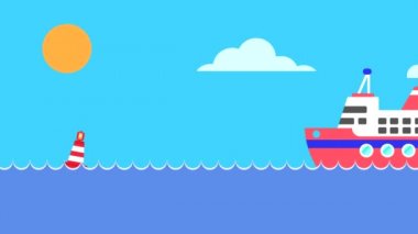 Yanıp sönen bir şamandıranın yanında bir gemi yol alıyor ve onu bir helikopter takip ediyor. Denizin arka planında ulaşım, güneş ve bulutların hareket ettiği düz bir video. 5 'in 2 bölümü.