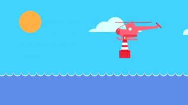 Helikopter deniz yüzeyine ışık sinyali veren bir işaret feneri yerleştirir. Deniz, güneş ve bulutların hareketli olduğu teknolojili animasyon düz video döngüsü. 5 'in ilk bölümü..