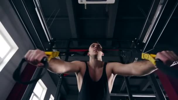 Man is engaged in trx exercises in the studio — Stock Video
