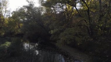 Hız bir nehir geçiş bir arazi aracı üzerinde havadan görünümü.