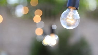 Ampulleri garland kapatın. Elektrikli ampul Parlatıcı dekorasyon tatil için yakın olarak raf odak makroyu oluşturan duvarda asılı
