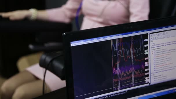 Leugendetector test, een vrouw antwoorden op de vragen van de expert — Stockvideo