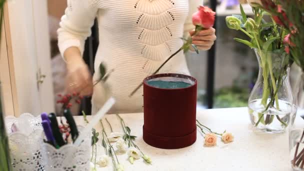 Unga kvinnliga florist arbetar vid disken i blomsteraffär. — Stockvideo