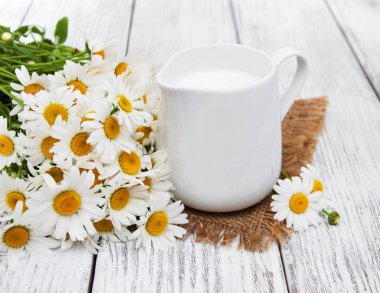 süt ve papatya çiçeği ile sürahi