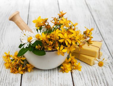 Tutsan çiçekler ve harç sabun ile