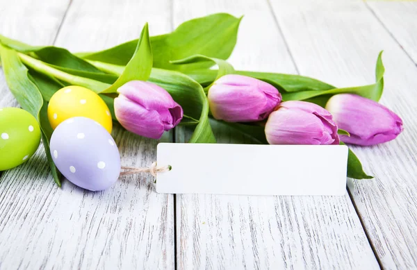 Tulip boeket en lege wenskaart voor Pasen — Stockfoto