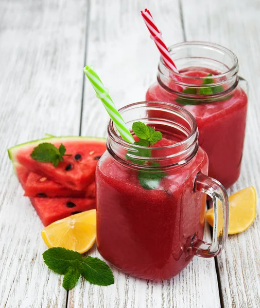 Jars with watermelon smoothie — Stock Photo, Image