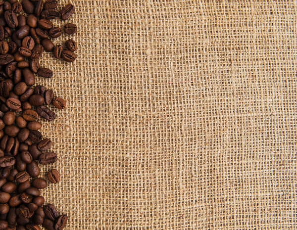 Coffee beans on a rough sacking