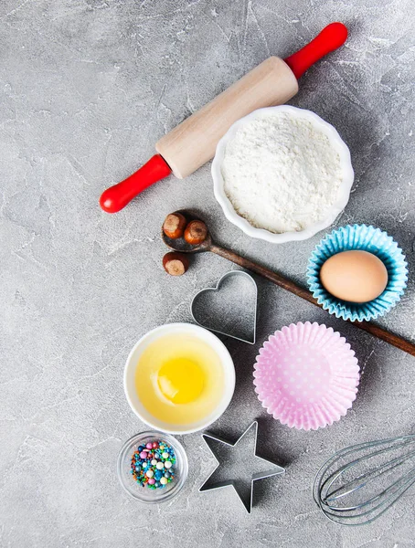 Vue Dessus Table Cuisine Avec Divers Ingrédients Pour Cuisson Gâteau — Photo