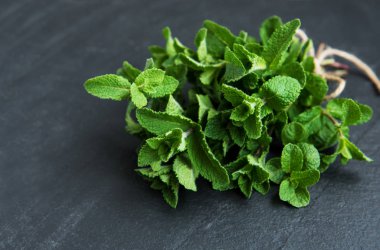 Siyah bir taş zemin üzerine taze yeşil nane