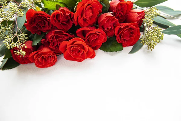 Rosas rojas con eucalipto sobre fondo blanco — Foto de Stock
