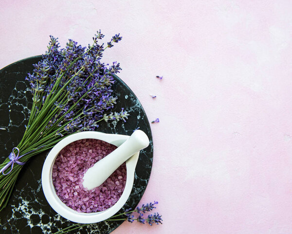 flat lay composition with lavender flowers and natural cosmetic