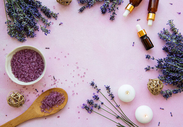 flat lay composition with lavender flowers and natural cosmetic