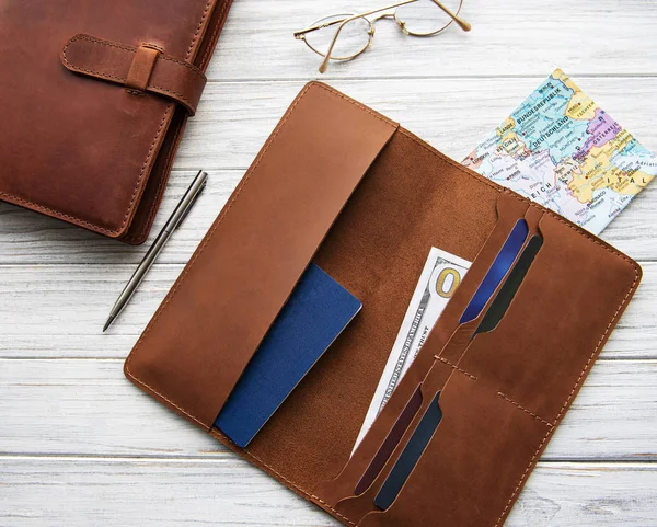 Brown leather travel organizer and notebook