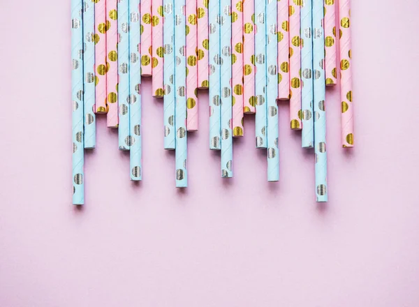 Drinking Dotted Straws Party Pink Background Copy Space Top View — Stock Photo, Image
