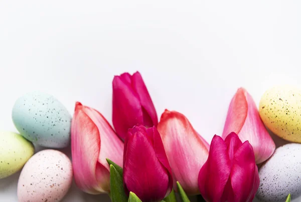 Весенние Тюльпаны Пасхальные Яйца Изолированы Белом Фоне — стоковое фото