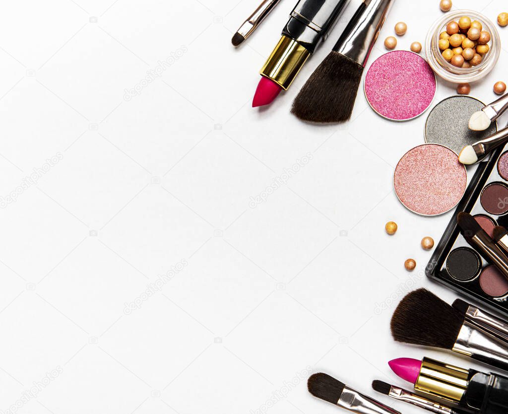 Set of decorative cosmetics on a white background. Flat lay, top view.