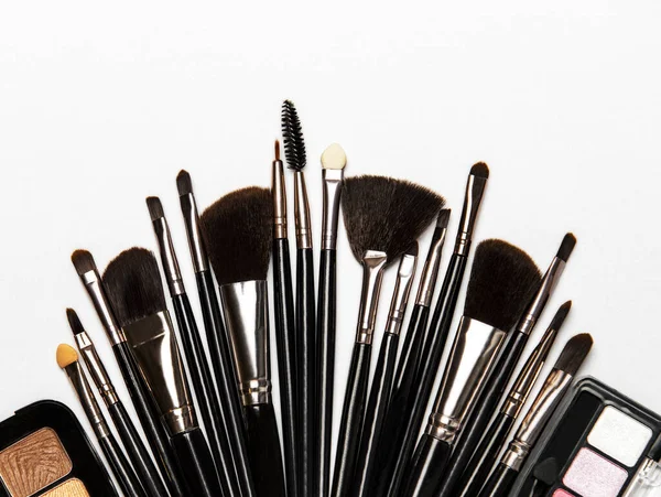Set Pinceles Maquillaje Profesional Negro Con Asas Negras Sobre Fondo — Foto de Stock