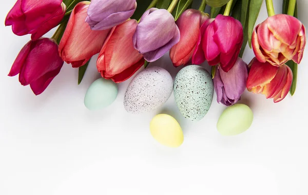 Spring Tulips Easter Eggs White Background — Stock Photo, Image