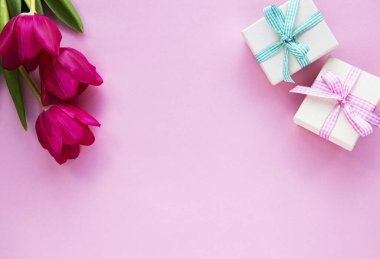 Güzel laleler ve pembe pastel arka planda hediye kutuları.