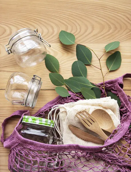 Sacchetti Cotone Borsa Rete Con Barattoli Vetro Riutilizzabili Posate Bambù — Foto Stock