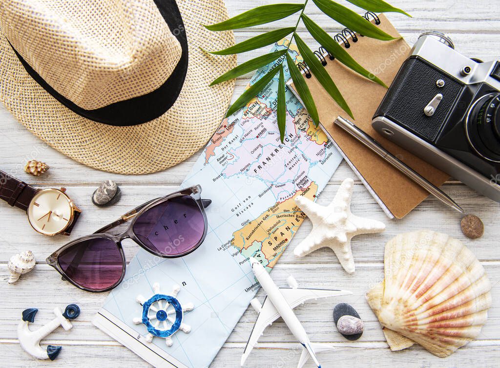 Overhead view of Traveler's accessories. Essential vacation items. Travel concept background. Flat lay