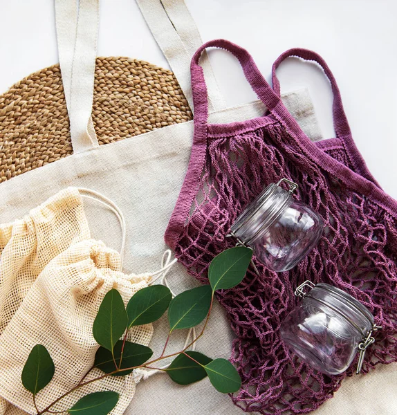 Sacchetti Cotone Borsa Rete Con Barattoli Vetro Riutilizzabili Nessun Concetto — Foto Stock