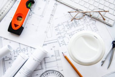 Mimari işyeri üst görünümü. Mimari proje, planlar, masanın üzerindeki şablonlar. İnşaat geçmişi. Mühendislik aletleri. Boşluğu kopyala