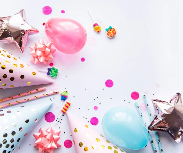 Gelukkige Verjaardag Feest Achtergrond Flat Lay Wtih Verjaardag Ballonnen Confetti — Stockfoto