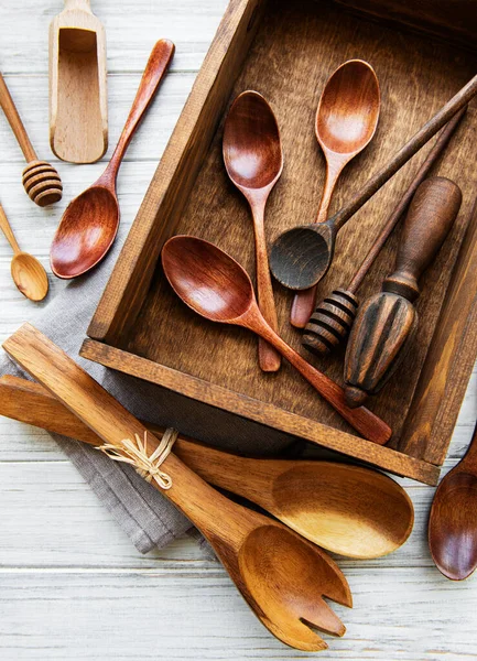 Vista Superior Una Vajilla Cocina Madera Una Vieja Caja Madera — Foto de Stock