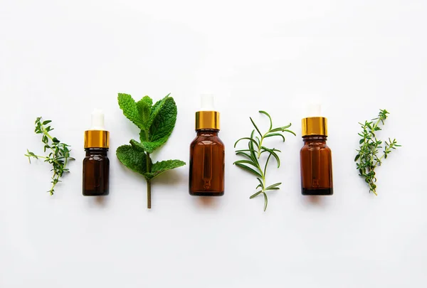 Aromatherapie Concept Aroma Olie Kruiden Munt Rozemarijn Tijm Een Witte — Stockfoto