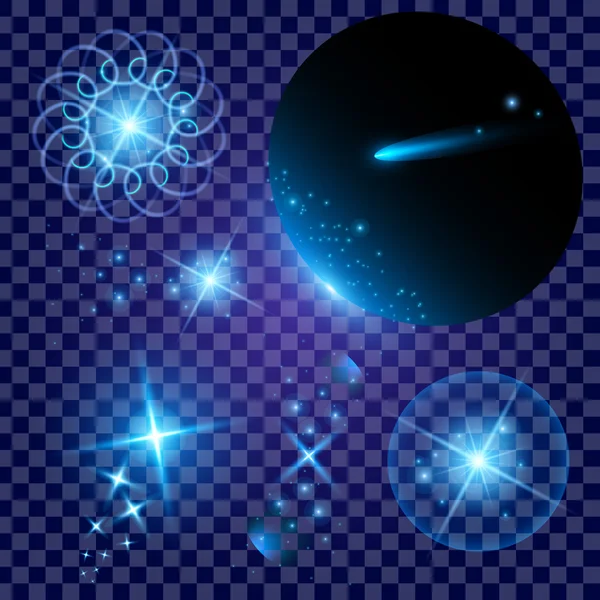 Conceito criativo Conjunto vetorial de estrelas de efeito de luz brilhante explode com faíscas isoladas em fundo preto. Para ilustração modelo arte design, banner para o Natal comemorar, raio de energia flash mágico — Vetor de Stock